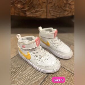 Nike Kids White and Yellow Sneakers with Pink Accents